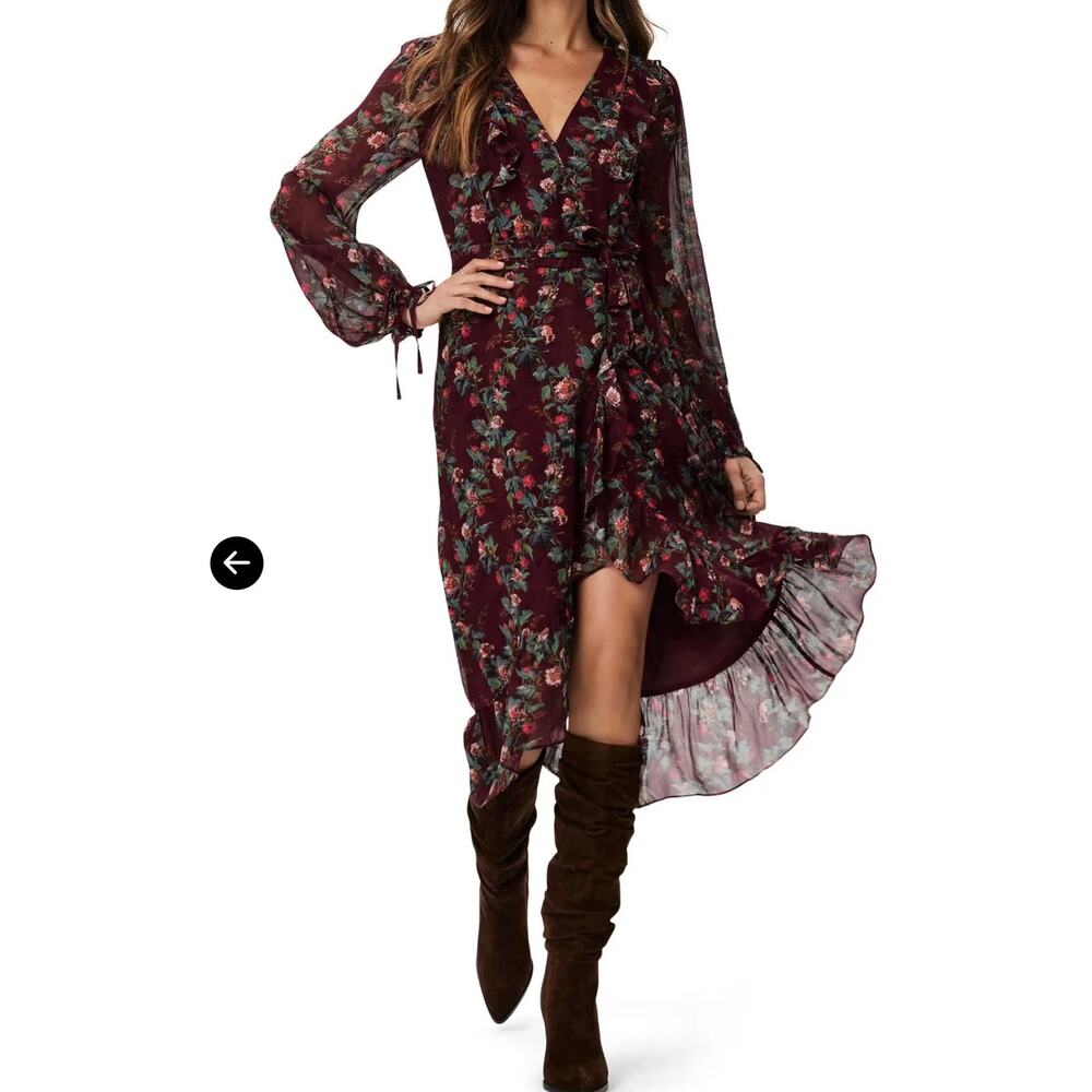 PAIGE Veranda Floral Print Silk long sleeve wrap Midi dress in Cherrywood. Sz S - Picture 2 of 8